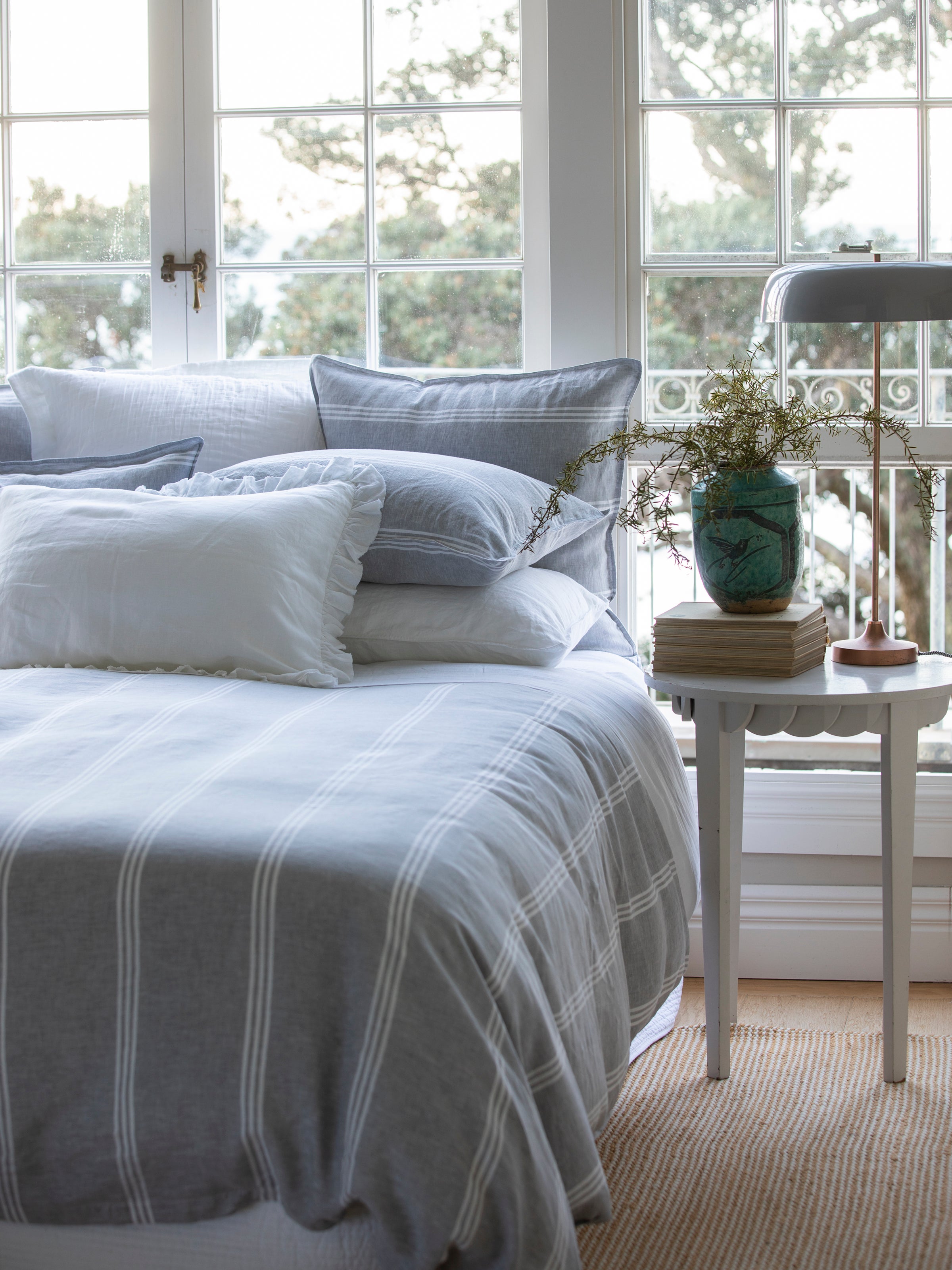 grey and white stripe duvet