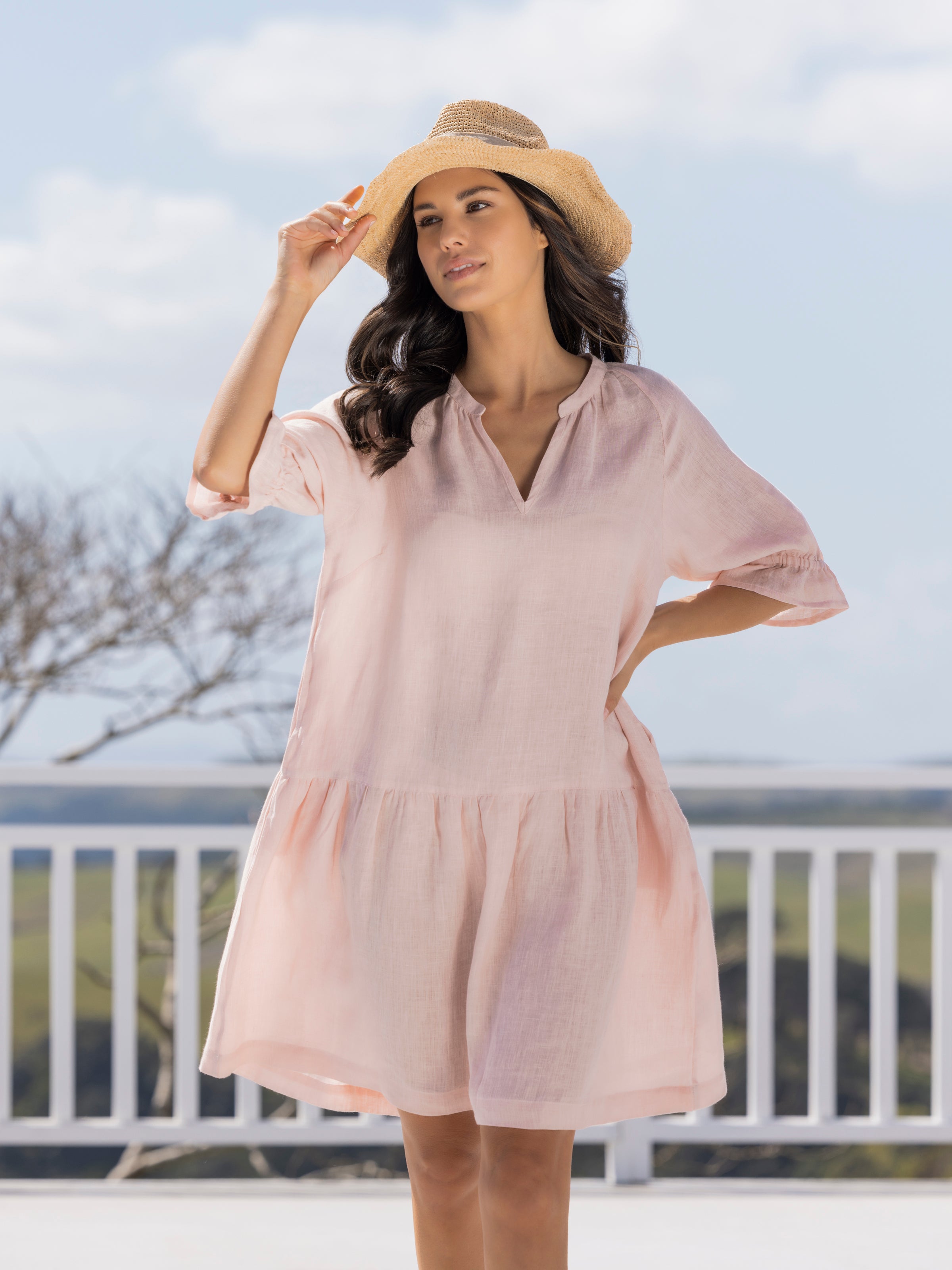 Sunseeker Frill Linen Dress in Pink | Wallace Cotton NZ