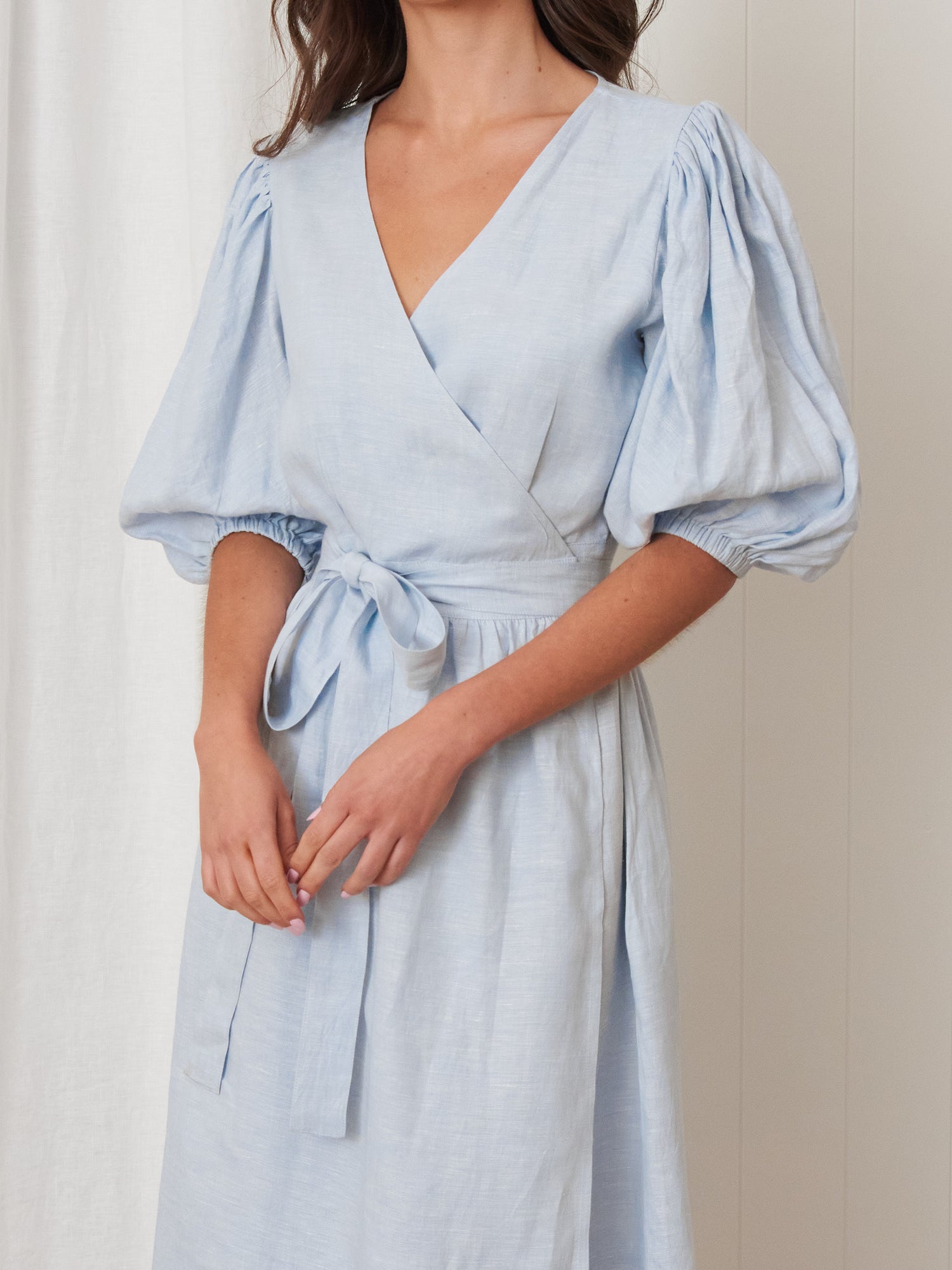 Voyager Linen Wrap Dress in Sky Blue Chambray