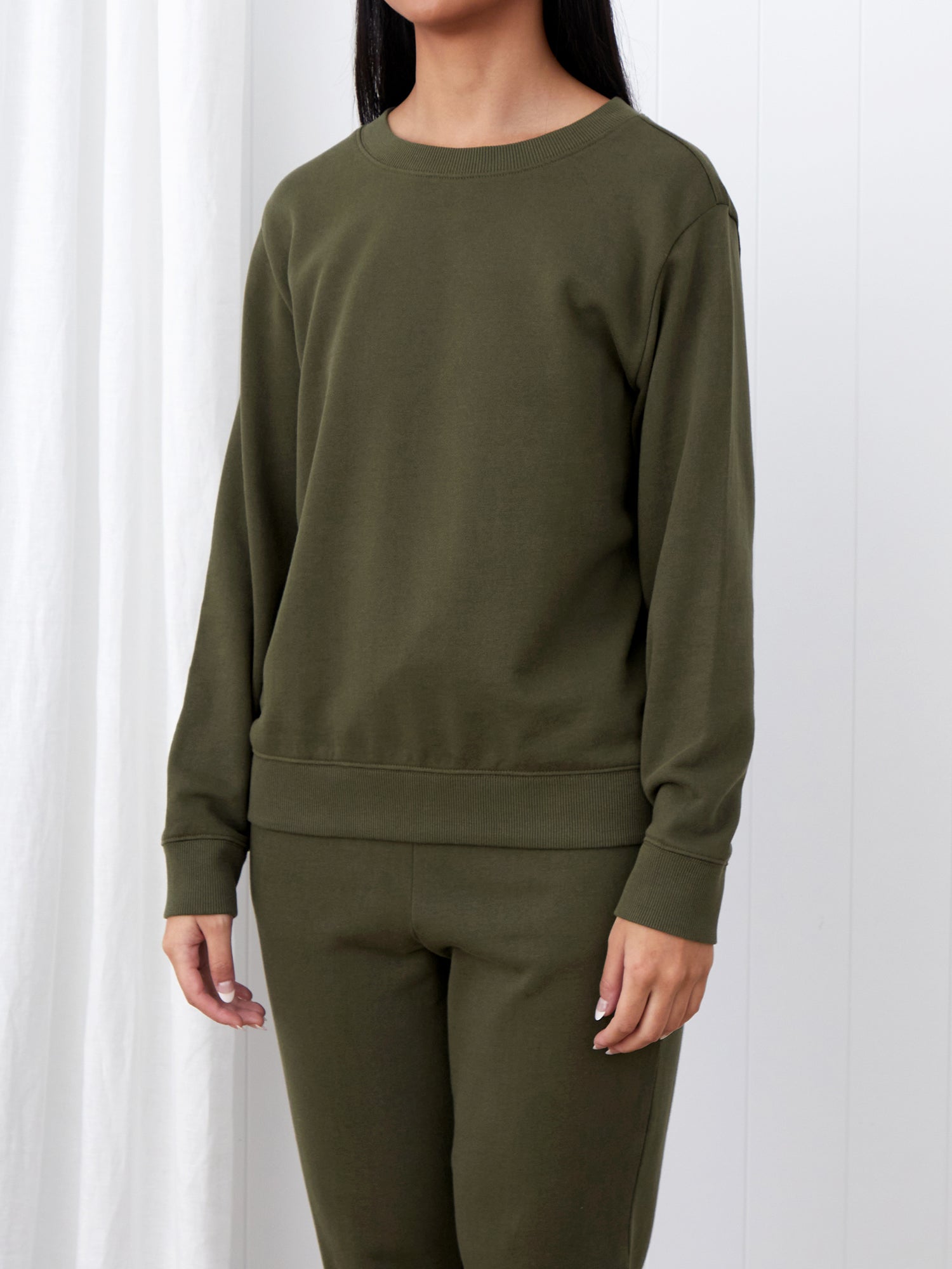 Weekend Cotton Knit Lounge Jumper in Olive Wallace Cotton NZ